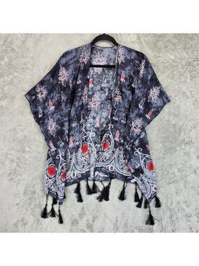 Italy Design Blouse Womens One Size Black V Neck Short Kimono Sleeve Tassel Boho